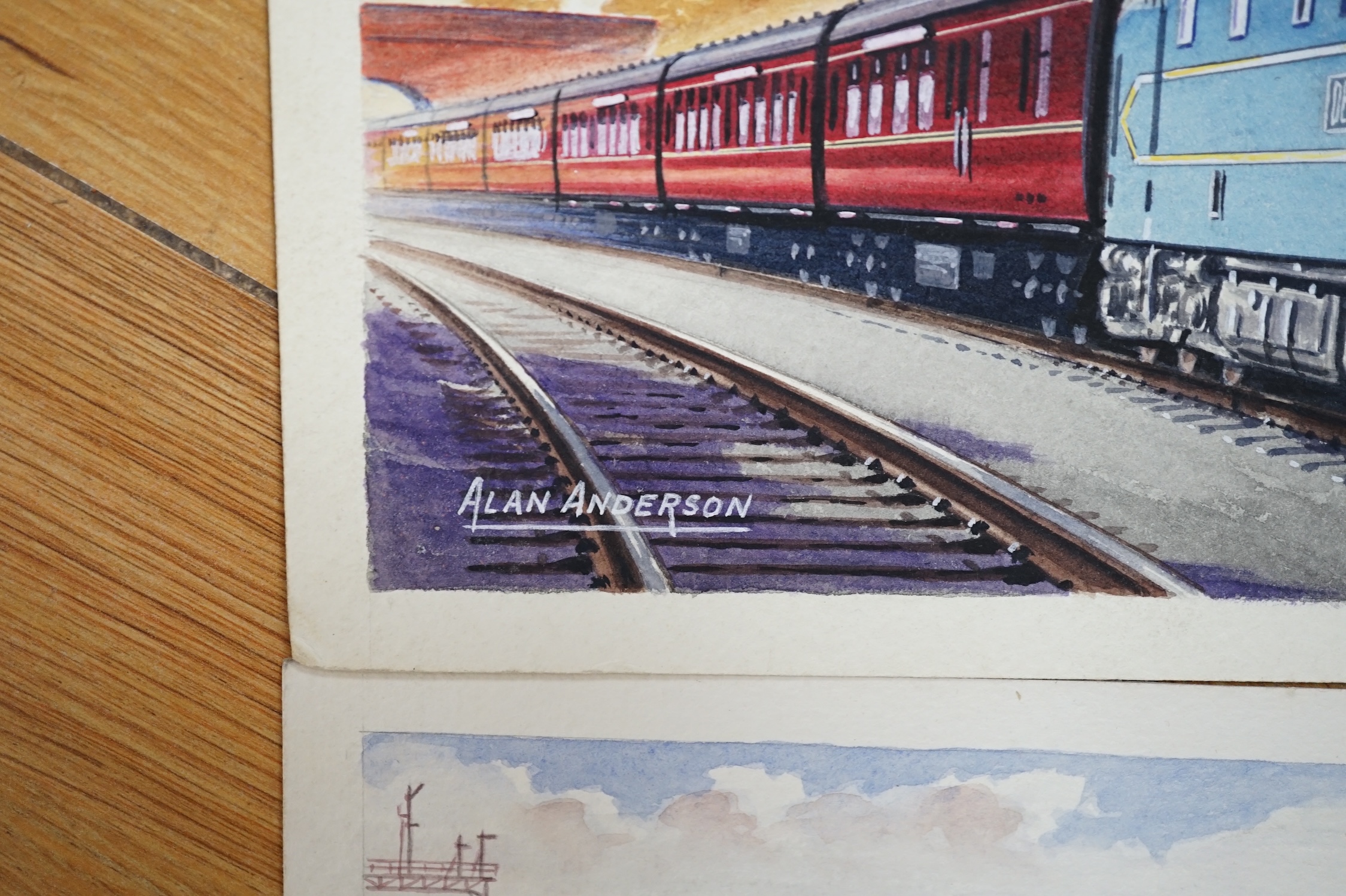 Alan Anderson, three original watercolours for postcard designs, locomotives, ‘The Flying Scotsman’, ‘The Bristolian’ and ‘English Electric Deltic’, each signed, unframed, 17.5 x 28cm. Condition - good